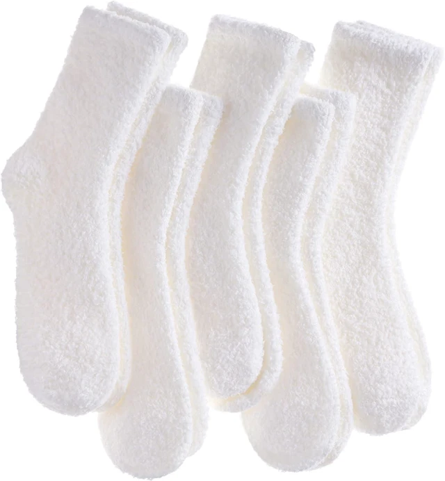 Main image of Tanvia 5 Pairs Womens Fuzzy Slipper Socks, Ultra Soft Microfiber Crew Socks for Winter, Non-Slip Cozy House Socks with Fluffy Lining, White