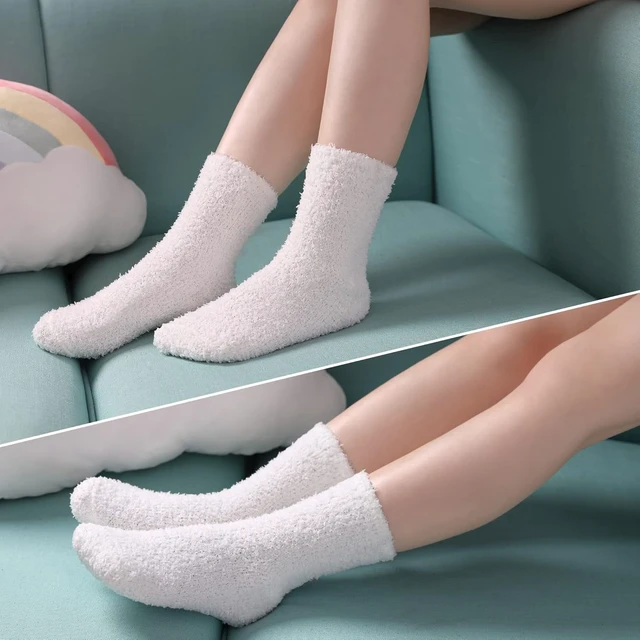 Alt view image 3 of 6 - Tanvia 5 Pairs Womens Fuzzy Slipper Socks, Ultra Soft Microfiber Crew Socks for Winter, Non-Slip Cozy House Socks with Fluffy Lining, White