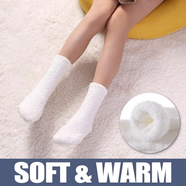 Alt view image 4 of 6 - Tanvia 5 Pairs Womens Fuzzy Slipper Socks, Ultra Soft Microfiber Crew Socks for Winter, Non-Slip Cozy House Socks with Fluffy Lining, White