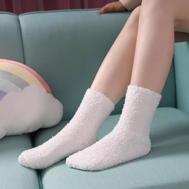 Alt view image 5 of 6 - Tanvia 5 Pairs Womens Fuzzy Slipper Socks, Ultra Soft Microfiber Crew Socks for Winter, Non-Slip Cozy House Socks with Fluffy Lining, White