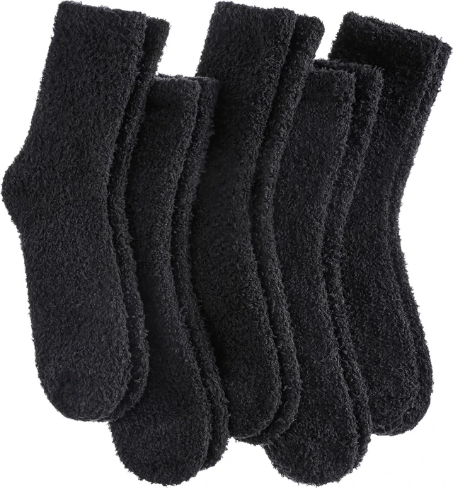 Main image of Tanvia 5 Pairs Womens Fuzzy Slipper Socks, Ultra Soft Microfiber Crew Socks for Winter, Non-Slip Cozy House Socks with Fluffy Lining, Black
