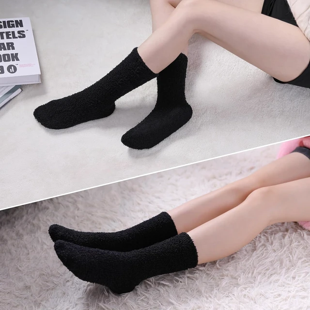 Alt view image 5 of 6 - Tanvia 5 Pairs Womens Fuzzy Slipper Socks, Ultra Soft Microfiber Crew Socks for Winter, Non-Slip Cozy House Socks with Fluffy Lining, Black