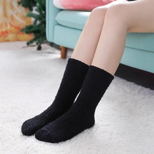 Alt view image 6 of 6 - Tanvia 5 Pairs Womens Fuzzy Slipper Socks, Ultra Soft Microfiber Crew Socks for Winter, Non-Slip Cozy House Socks with Fluffy Lining, Black