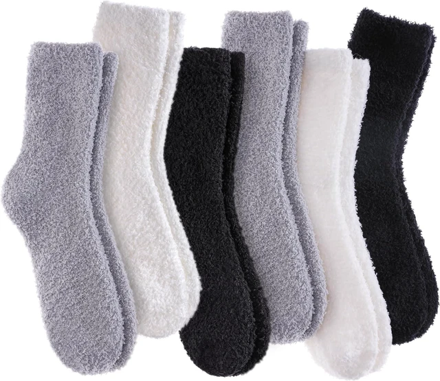 Main image of Tanvia 6 Pairs Womens Fuzzy Slipper Socks, Ultra Soft Microfiber Crew Socks for Winter, Non-Slip Cozy House Socks with Fluffy Lining, Gray+White+Black