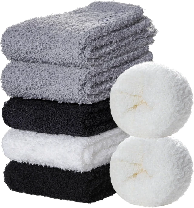 Alt view image 3 of 6 - Tanvia 6 Pairs Womens Fuzzy Slipper Socks, Ultra Soft Microfiber Crew Socks for Winter, Non-Slip Cozy House Socks with Fluffy Lining, Gray+White+Black