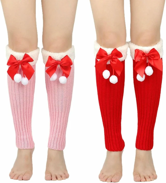 Alt view image 4 of 6 - Tanvia Leg Warmers for Women Winter Christmas Leg Warmer Knitted Leg Sleeves with Fuzzy Fur Cuffs & Bowknot Plush Ball, Green/Red Bow