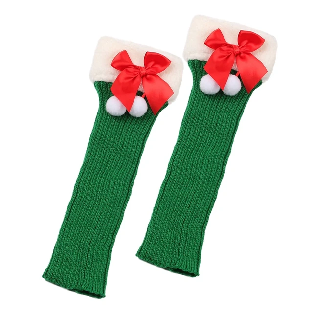Alt view image 3 of 6 - Tanvia Leg Warmers for Women Winter Christmas Leg Warmer Knitted Leg Sleeves with Fuzzy Fur Cuffs & Bowknot Plush Ball, Green/Red Bow