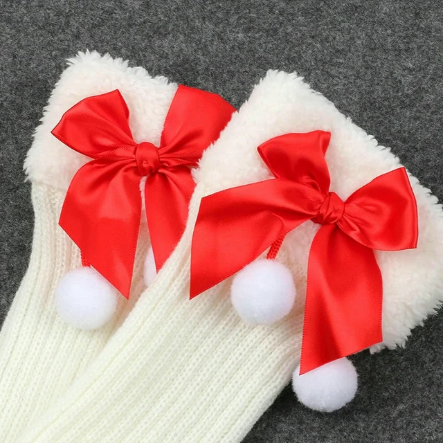 Alt view image 6 of 6 - Tanvia Leg Warmers for Women Winter Christmas Leg Warmer Knitted Leg Sleeves with Fuzzy Fur Cuffs & Bowknot Plush Ball, Green/Red Bow
