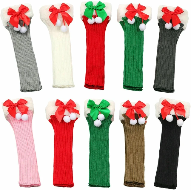 Alt view image 5 of 6 - Tanvia Leg Warmers for Women Winter Christmas Leg Warmer Knitted Leg Sleeves with Fuzzy Fur Cuffs & Bowknot Plush Ball, Green/Red Bow