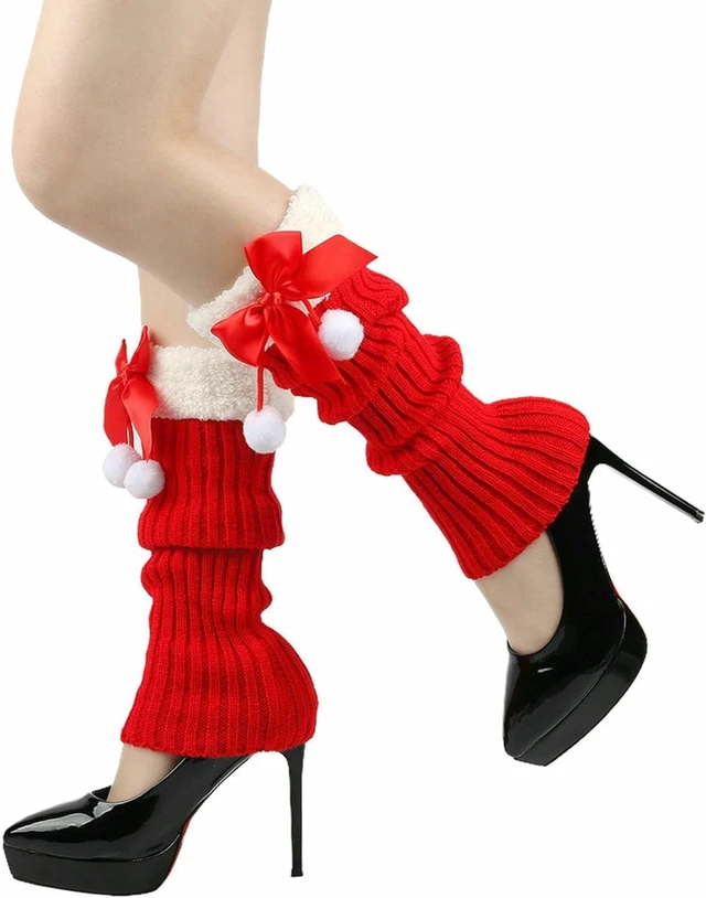 Main image of Tanvia Leg Warmers for Women Winter Christmas Leg Warmer Knitted Leg Sleeves with Fuzzy Fur Cuffs & Bowknot Plush Ball, Red/Red Bow