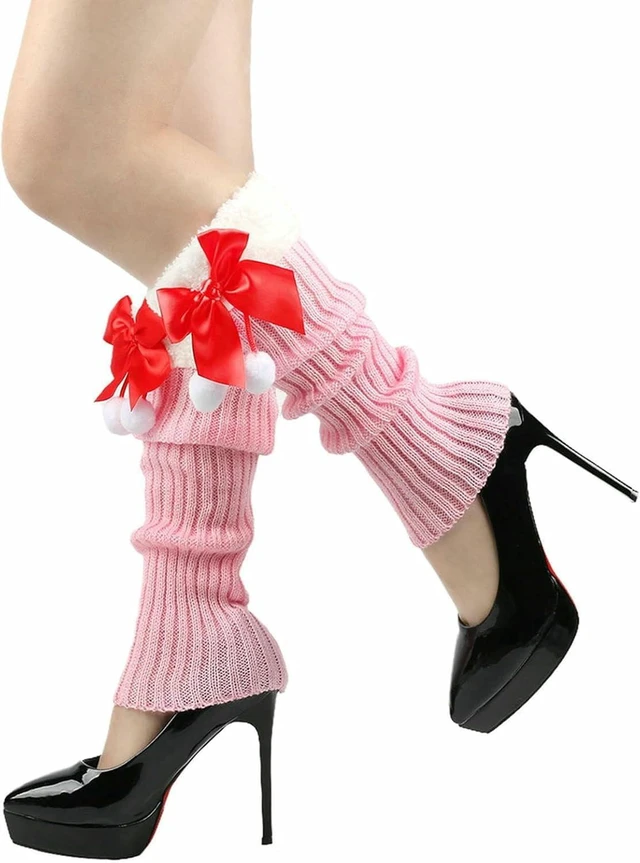 Main image of Tanvia Leg Warmers for Women Winter Christmas Leg Warmer Knitted Leg Sleeves with Fuzzy Fur Cuffs & Bowknot Plush Ball, Pink