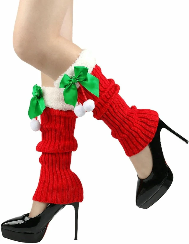 Main image of Tanvia Leg Warmers for Women Winter Christmas Leg Warmer Knitted Leg Sleeves with Fuzzy Fur Cuffs & Bowknot Plush Ball, Red/Green Bow