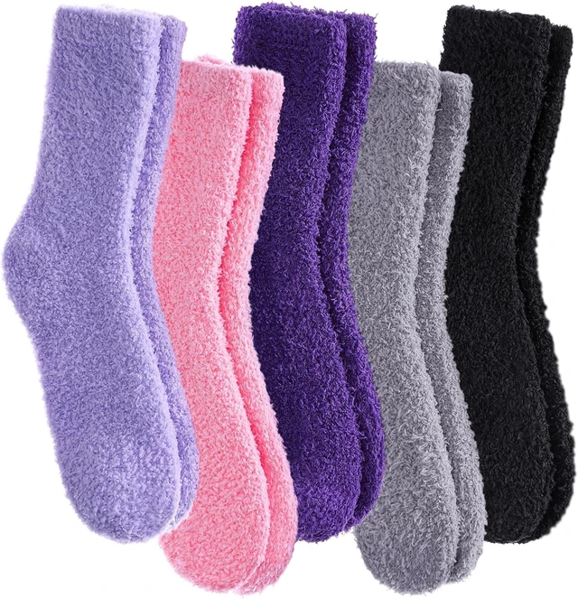 Main image of Tanvia 5 Pairs Womens Fuzzy Slipper Socks, Ultra Soft Microfiber Crew Socks for Winter, Non-Slip Cozy House Socks with Fluffy Lining