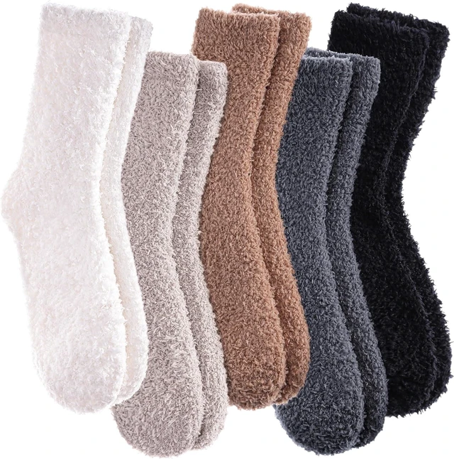 Main image of Tanvia 5 Pairs Womens Fuzzy Slipper Socks, Ultra Soft Microfiber Crew Socks for Winter, Non-Slip Cozy House Socks with Fluffy Lining, 5 colors