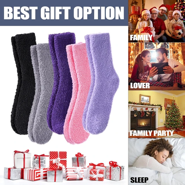 Alt view image 3 of 6 - Tanvia 5 Pairs Womens Fuzzy Slipper Socks, Ultra Soft Microfiber Crew Socks for Winter, Non-Slip Cozy House Socks with Fluffy Lining
