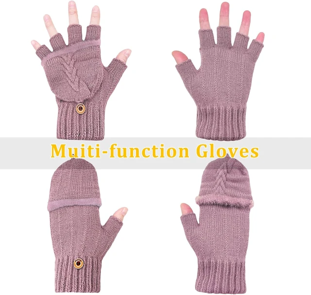Alt view image 4 of 6 - Tanvia Winter Fingerless Gloves Mittens for Women Men Warm Wool Knitted Convertible Flip Top Mittens for Cold Weather Purple