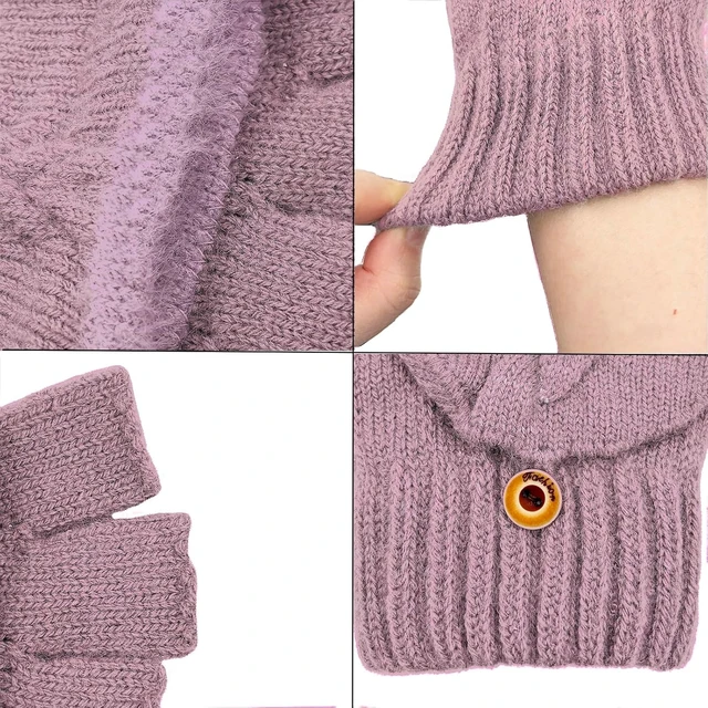 Alt view image 2 of 6 - Tanvia Winter Fingerless Gloves Mittens for Women Men Warm Wool Knitted Convertible Flip Top Mittens for Cold Weather Purple