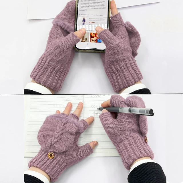 Alt view image 5 of 6 - Tanvia Winter Fingerless Gloves Mittens for Women Men Warm Wool Knitted Convertible Flip Top Mittens for Cold Weather Purple