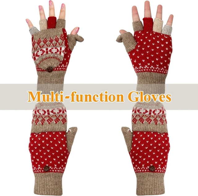 Alt view image 2 of 6 - Tanvia Winter Fingerless Gloves Mittens for Women Men Warm Wool Knitted Convertible Flip Top Mittens for Cold Weather, Khaki Red
