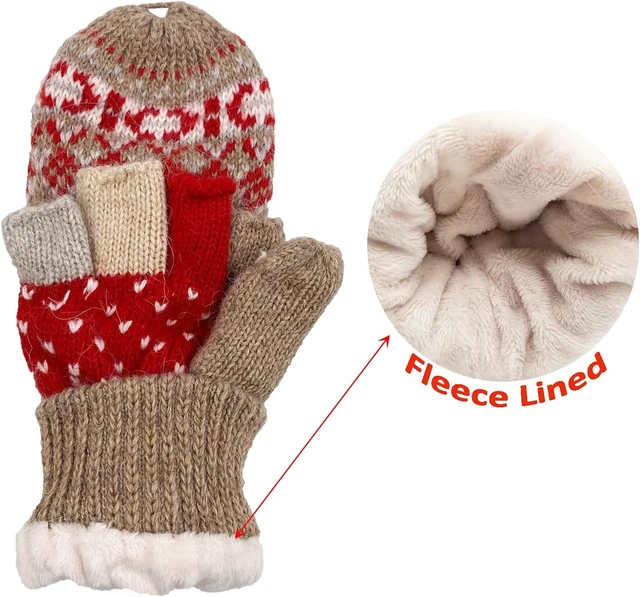 Alt view image 3 of 6 - Tanvia Winter Fingerless Gloves Mittens for Women Men Warm Wool Knitted Convertible Flip Top Mittens for Cold Weather, Khaki Red