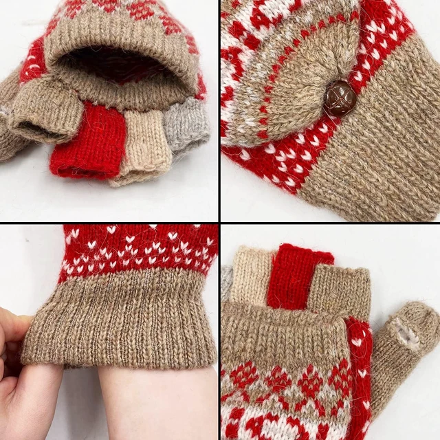 Alt view image 4 of 6 - Tanvia Winter Fingerless Gloves Mittens for Women Men Warm Wool Knitted Convertible Flip Top Mittens for Cold Weather, Khaki Red