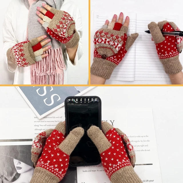 Alt view image 5 of 6 - Tanvia Winter Fingerless Gloves Mittens for Women Men Warm Wool Knitted Convertible Flip Top Mittens for Cold Weather, Khaki Red
