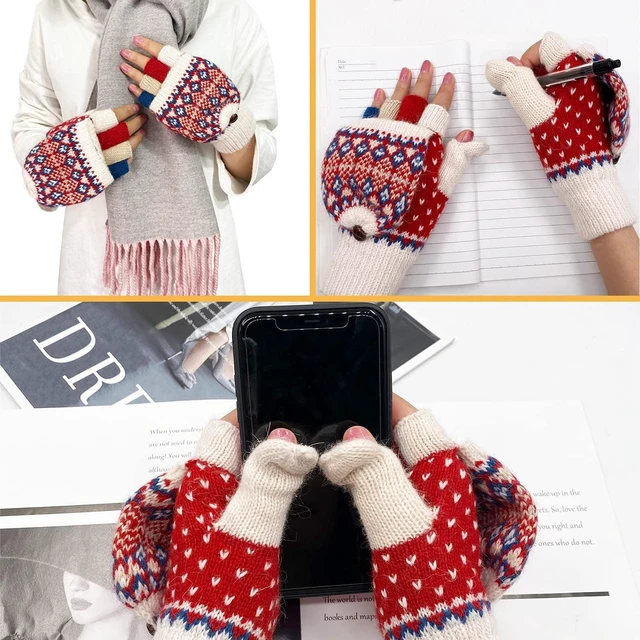 Alt view image 5 of 6 - Tanvia Winter Fingerless Gloves Mittens for Women Men Warm Wool Knitted Convertible Flip Top Mittens for Cold Weather, Fleece White Red