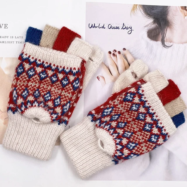 Alt view image 6 of 6 - Tanvia Winter Fingerless Gloves Mittens for Women Men Warm Wool Knitted Convertible Flip Top Mittens for Cold Weather, Fleece White Red