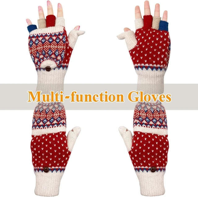 Alt view image 2 of 6 - Tanvia Winter Fingerless Gloves Mittens for Women Men Warm Wool Knitted Convertible Flip Top Mittens for Cold Weather, Fleece White Red