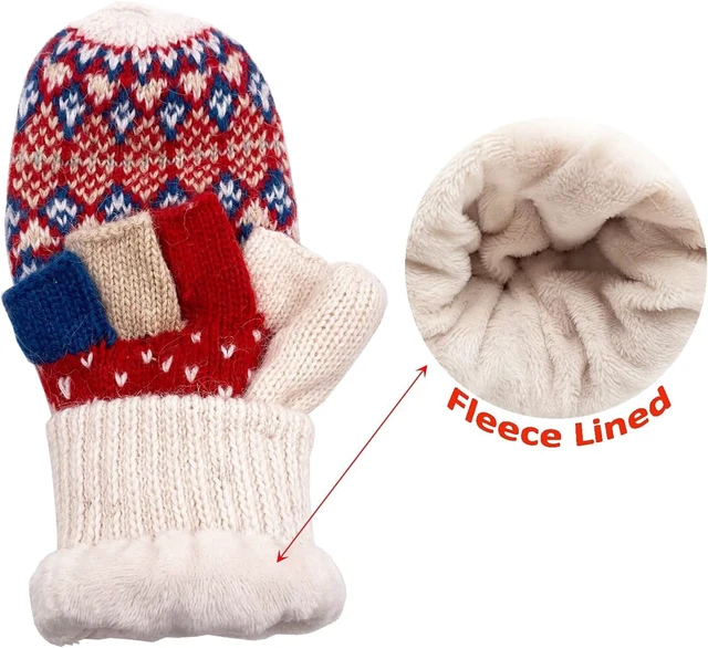 Alt view image 3 of 6 - Tanvia Winter Fingerless Gloves Mittens for Women Men Warm Wool Knitted Convertible Flip Top Mittens for Cold Weather, Fleece White Red