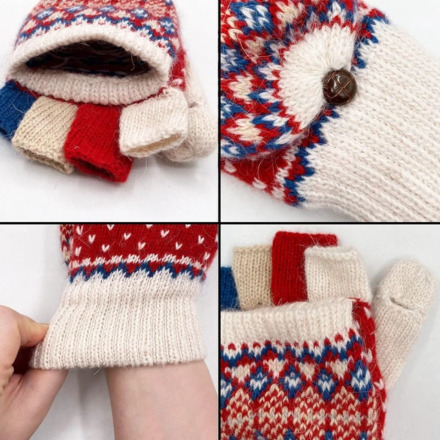 Alt view image 4 of 6 - Tanvia Winter Fingerless Gloves Mittens for Women Men Warm Wool Knitted Convertible Flip Top Mittens for Cold Weather, Fleece White Red