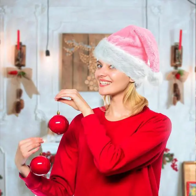 Alt view image 2 of 5 - Tanvia Velvet Plush Santa Hat for Men Women - Plush Unisex Christmas Hat for Xmas, New Year Parties & Holiday Decor Light Pink