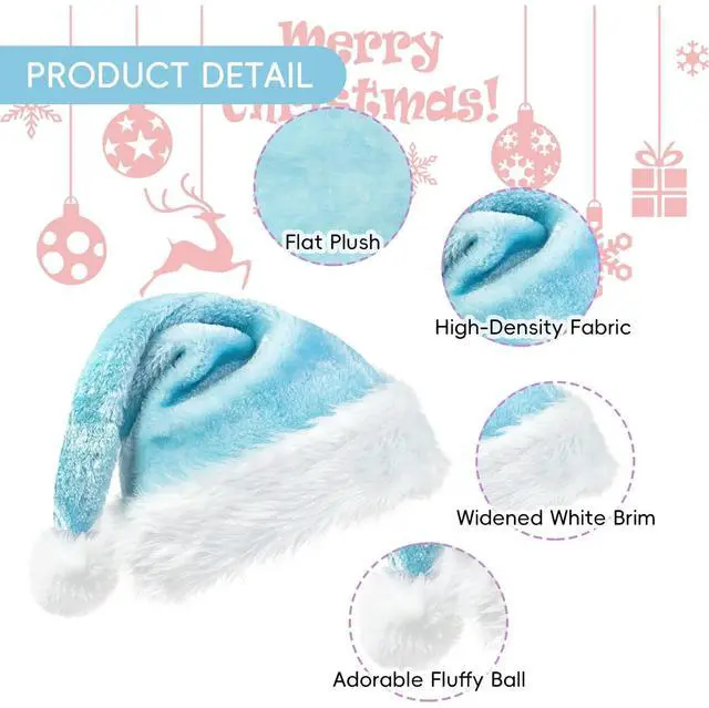 Alt view image 3 of 5 - Tanvia Velvet Plush Santa Hat for Men Women - Plush Unisex Christmas Hat for Xmas, New Year Parties & Holiday Decor Light Blue