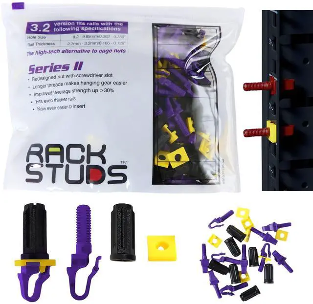 Main image of Rackstuds P100 Series II - Server Rack Screws 100-Pack | Cage Nut Replacement Purple 3.2mm/0.126" | A faster, easier solution for rack mounting gear in 19" racks with square punched vertical rails