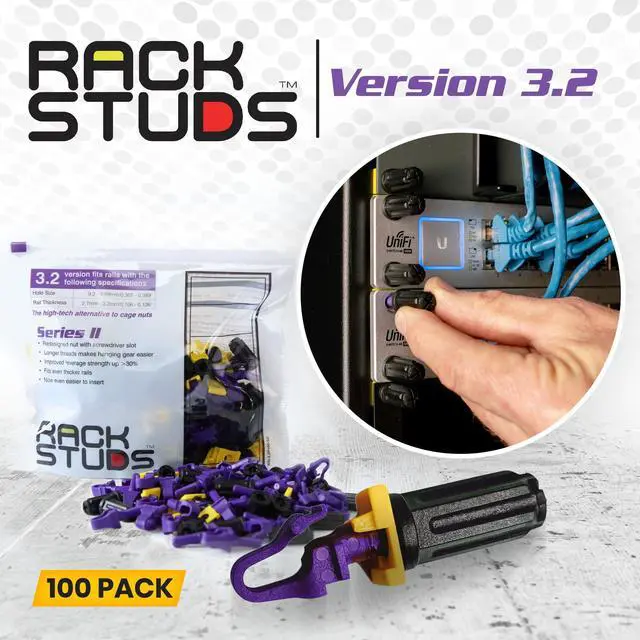 Alt view image 5 of 7 - Rackstuds P100 Series II - Server Rack Screws 100-Pack | Cage Nut Replacement Purple 3.2mm/0.126" | A faster, easier solution for rack mounting gear in 19" racks with square punched vertical rails