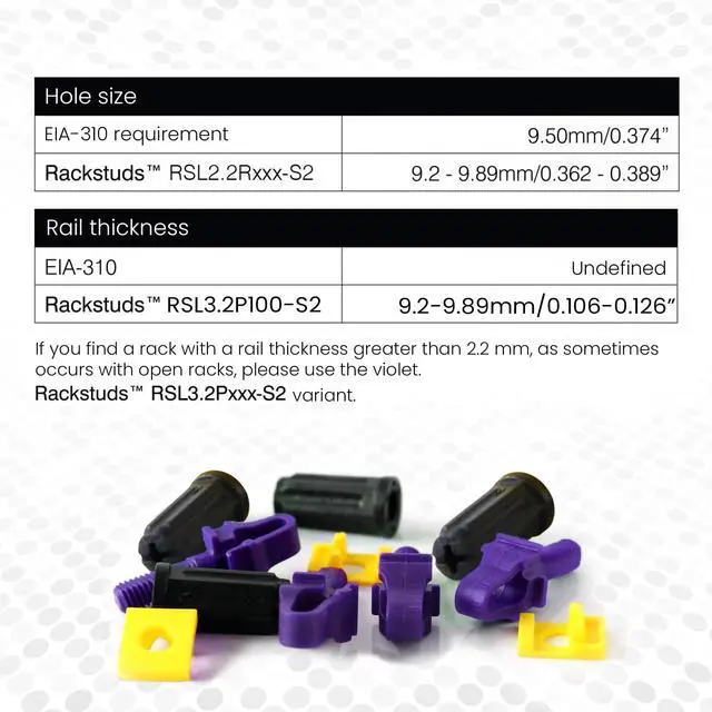 Alt view image 3 of 7 - Rackstuds P20 Series II - Server Rack Screws 20-Pack | Cage Nut Replacement Purple 3.2mm/0.126" | A faster, easier solution for rack mounting gear in 19" racks with square punched vertical rails