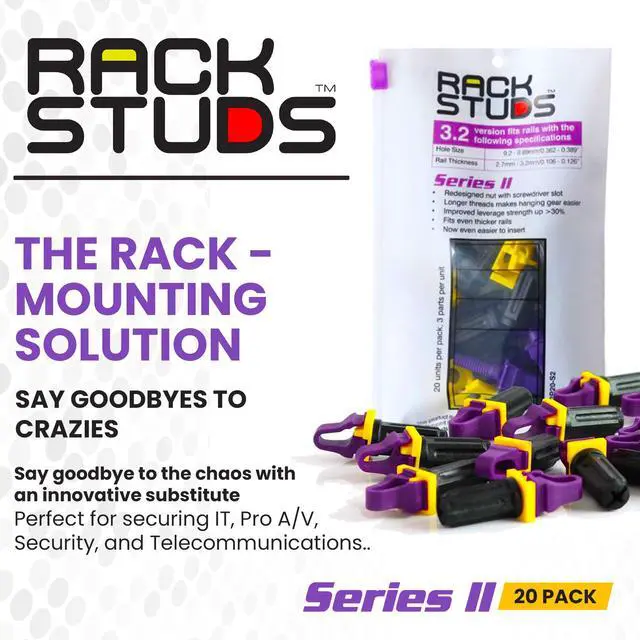 Alt view image 2 of 7 - Rackstuds P20 Series II - Server Rack Screws 20-Pack | Cage Nut Replacement Purple 3.2mm/0.126" | A faster, easier solution for rack mounting gear in 19" racks with square punched vertical rails