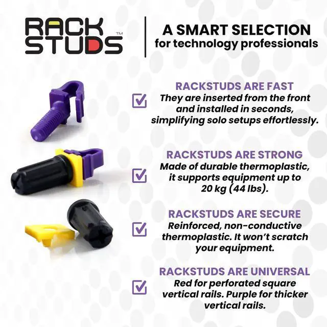 Alt view image 6 of 7 - Rackstuds P20 Series II - Server Rack Screws 20-Pack | Cage Nut Replacement Purple 3.2mm/0.126" | A faster, easier solution for rack mounting gear in 19" racks with square punched vertical rails