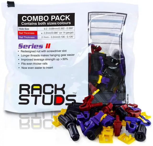 Main image of Rackstuds Series II 80-pack combo bag, 40 of each size/color | Includes Both Red (2.2 mm) and Purple (3.2 mm) Studs | The complete solution for any 19" racks with square punched vertical rails