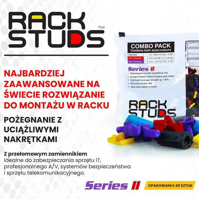 Alt view image 2 of 7 - Rackstuds Series II 80-pack combo bag, 40 of each size/color | Includes Both Red (2.2 mm) and Purple (3.2 mm) Studs | The complete solution for any 19" racks with square punched vertical rails