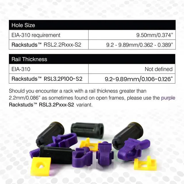 Alt view image 3 of 7 - Rackstuds P100 Series II - Server Rack Screws 100-Pack | Cage Nut Replacement Purple 3.2mm/0.126" | A faster, easier solution for rack mounting gear in 19" racks with square punched vertical rails