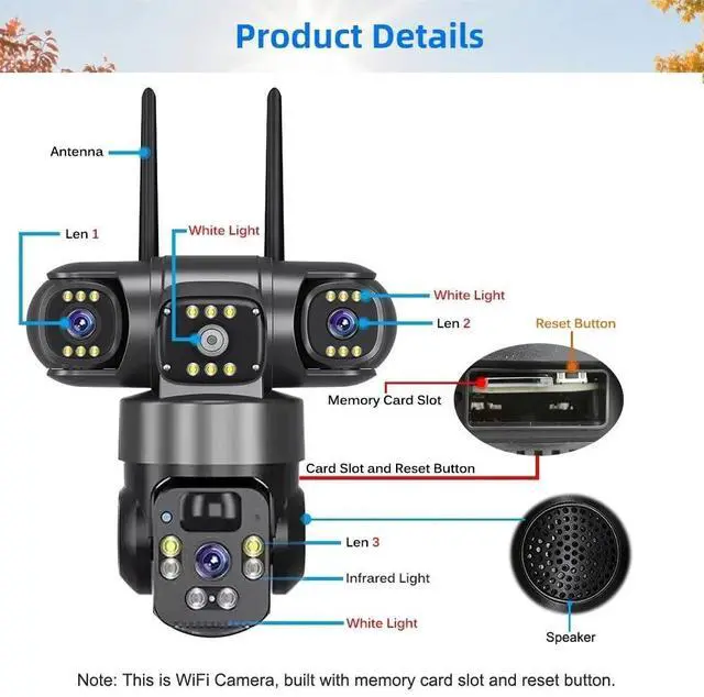 Alt view image 2 of 7 - 9MP WiFi Security Camera System Outdoor, Triple Lens Pan/Tilt, Wireless with Solar Battery, Memory Card Slot