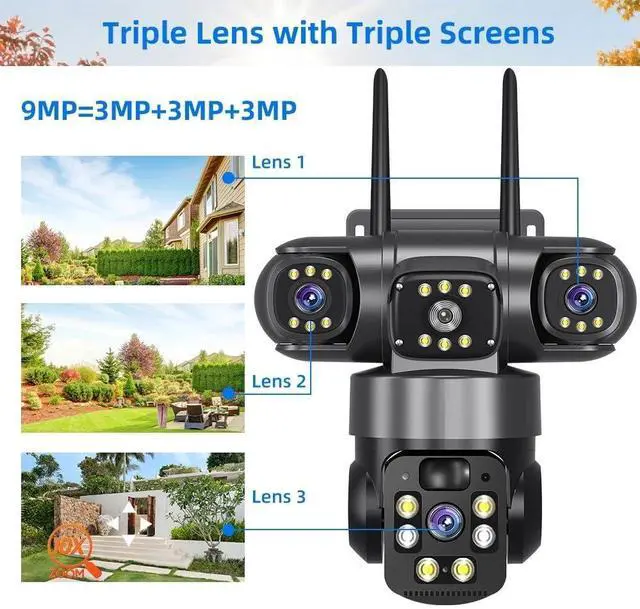 Alt view image 3 of 7 - 9MP WiFi Security Camera System Outdoor, Triple Lens Pan/Tilt, Wireless with Solar Battery, Memory Card Slot