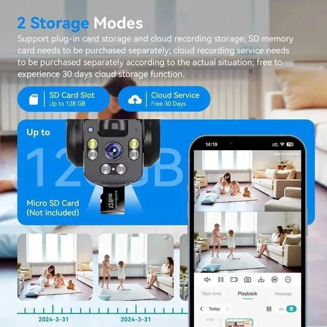 Alt view image 6 of 7 - 9MP WiFi Security Camera System Outdoor, Triple Lens Pan/Tilt, Wireless with Solar Battery, Memory Card Slot