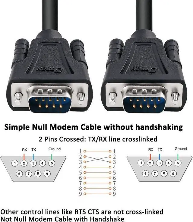 Alt view image 2 of 7 - Vszerda DTech 10ft DB9 to DB9 RS232 Serial Cable Male to Male Simple Null Modem Cord Cross TX RX line 2 Pin Crossed Without Handshake for Computer Data Communication (10 Feet, Black)