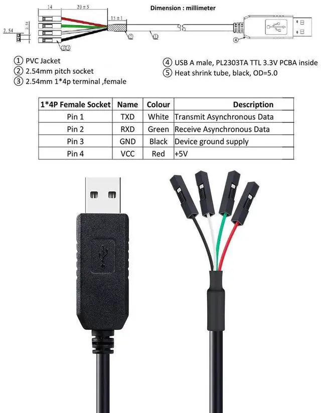 Alt view image 6 of 6 - Vszerda DTech USB to TTL Serial Adapter 3.3V Debug Cable TX RX Signal 4 Pin Female Socket PL2303 Prolific Chip Windows 10 8 7 XP Vista (3ft, Black)