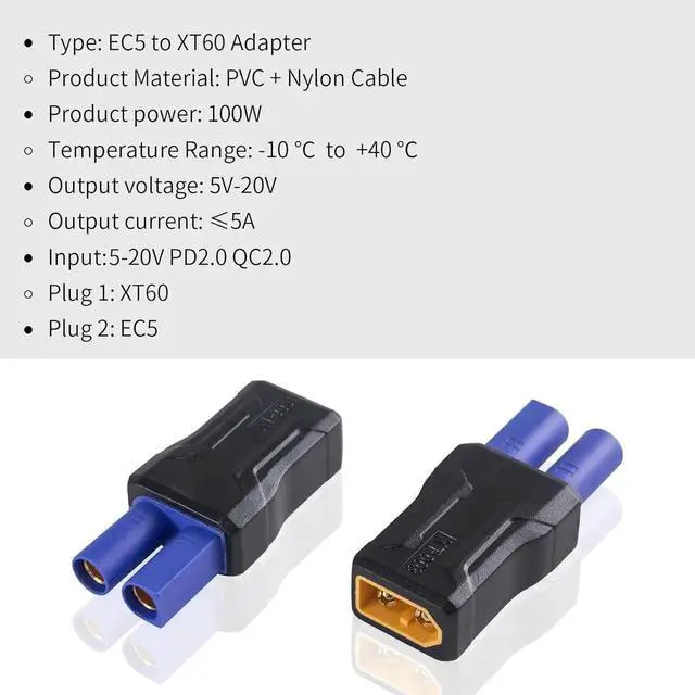 Alt view image 5 of 7 - Vszerda XT60 to EC5 Connector 5Pack, EC5 to XT60 Male to Female Adapter Injection Molded Type RC Connector Adapter, No Wires Connectors RC Battery Adapter for Battery Micro Drone