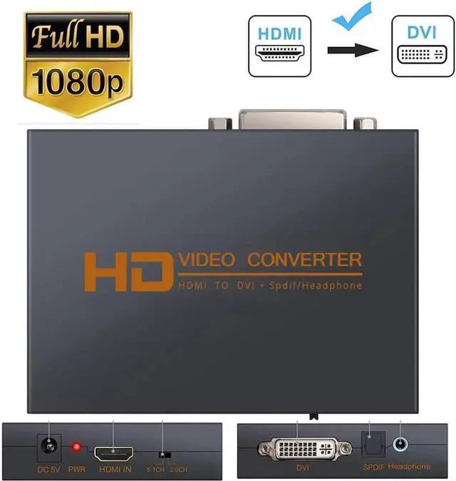 Main image of Vszerda HDMI TO DVI Video Audio Converter Support 2.0CH 5.1CH Opitcal 3.5MM Jack Audio Output 1080P Digital to Analog Converter for PS3/4/Xbox/Roku/DVD Player/Laptop/Sky HD Box/HDTV/STB