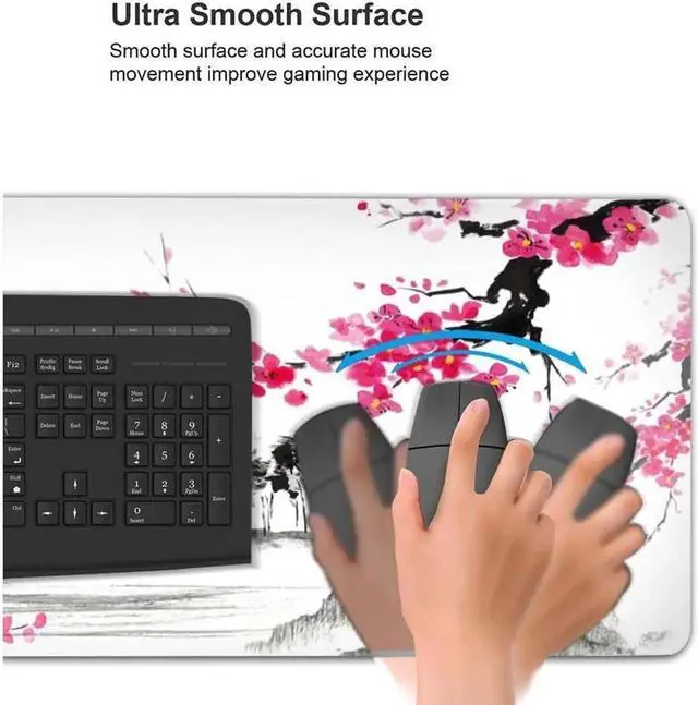 Alt view image 2 of 6 - Vszerda Watercolor Sakura Mouse Pad 35.4 X 15.7 Inch Hills Cherry Blossom Extended Large Pink Mouse Mat Non-Slip Rubber Base Mousepad with Stitched Edges Waterproof Desk Pad for Gaming&Home Office,XL