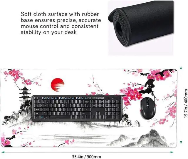 Alt view image 4 of 6 - Vszerda Watercolor Sakura Mouse Pad 35.4 X 15.7 Inch Hills Cherry Blossom Extended Large Pink Mouse Mat Non-Slip Rubber Base Mousepad with Stitched Edges Waterproof Desk Pad for Gaming&Home Office,XL